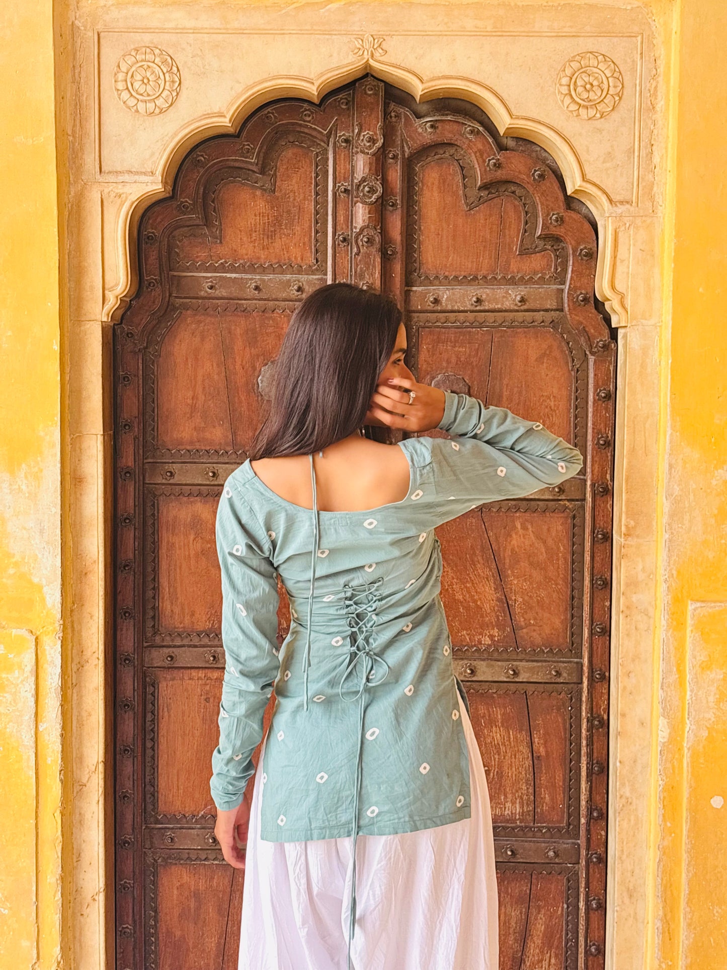 Nishaan Nayab Short Kurti Sage Green Long Sleeve Back Corset
