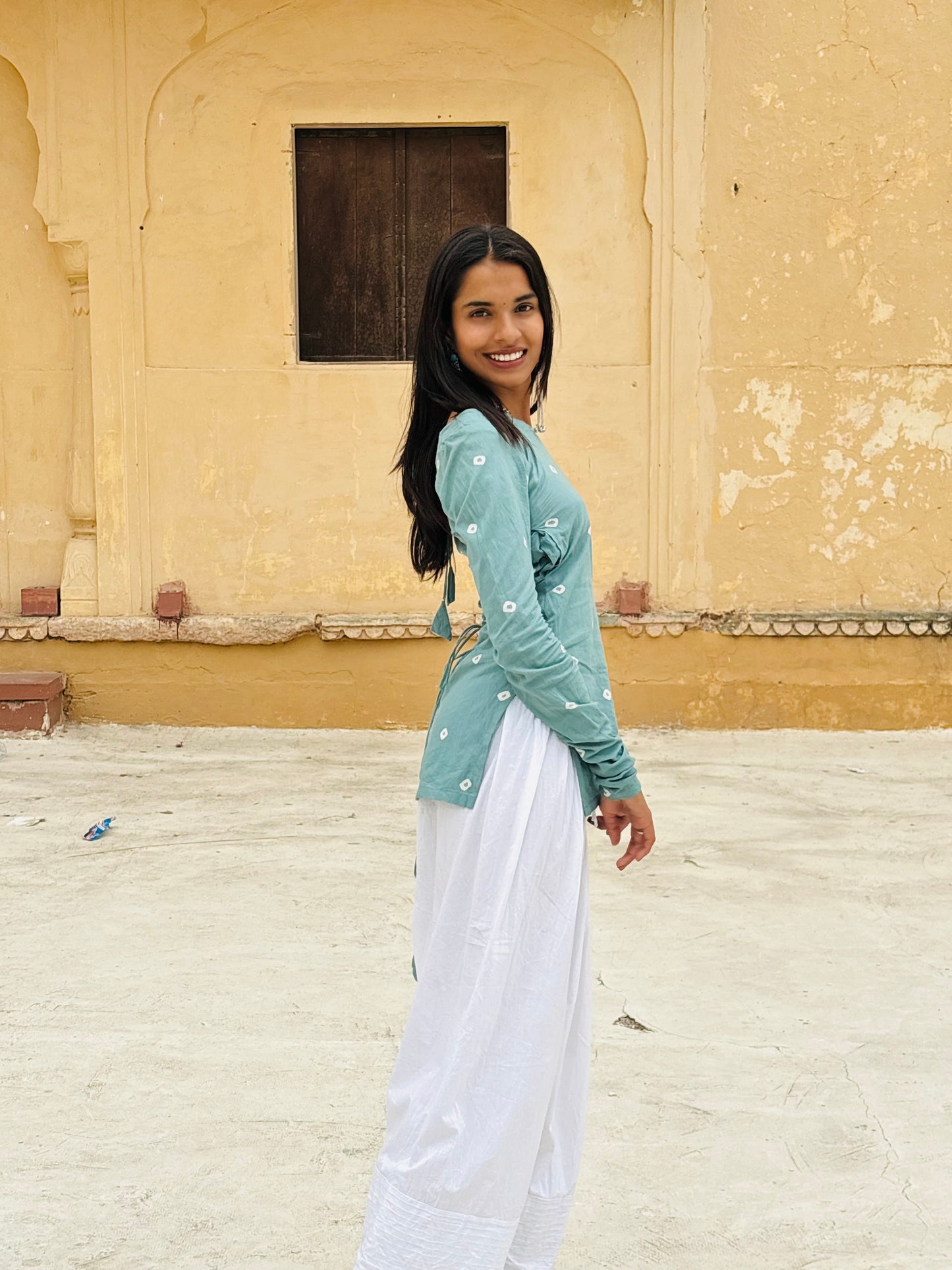 Nishaan Nayab Short Kurti Sage Green Long Sleeve Back Corset