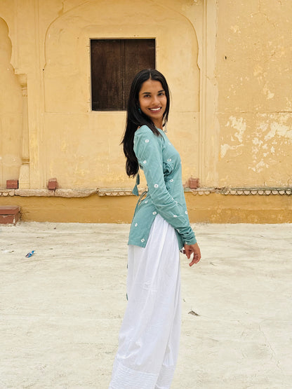 Nishaan Nayab Short Kurti Sage Green Long Sleeve Back Corset
