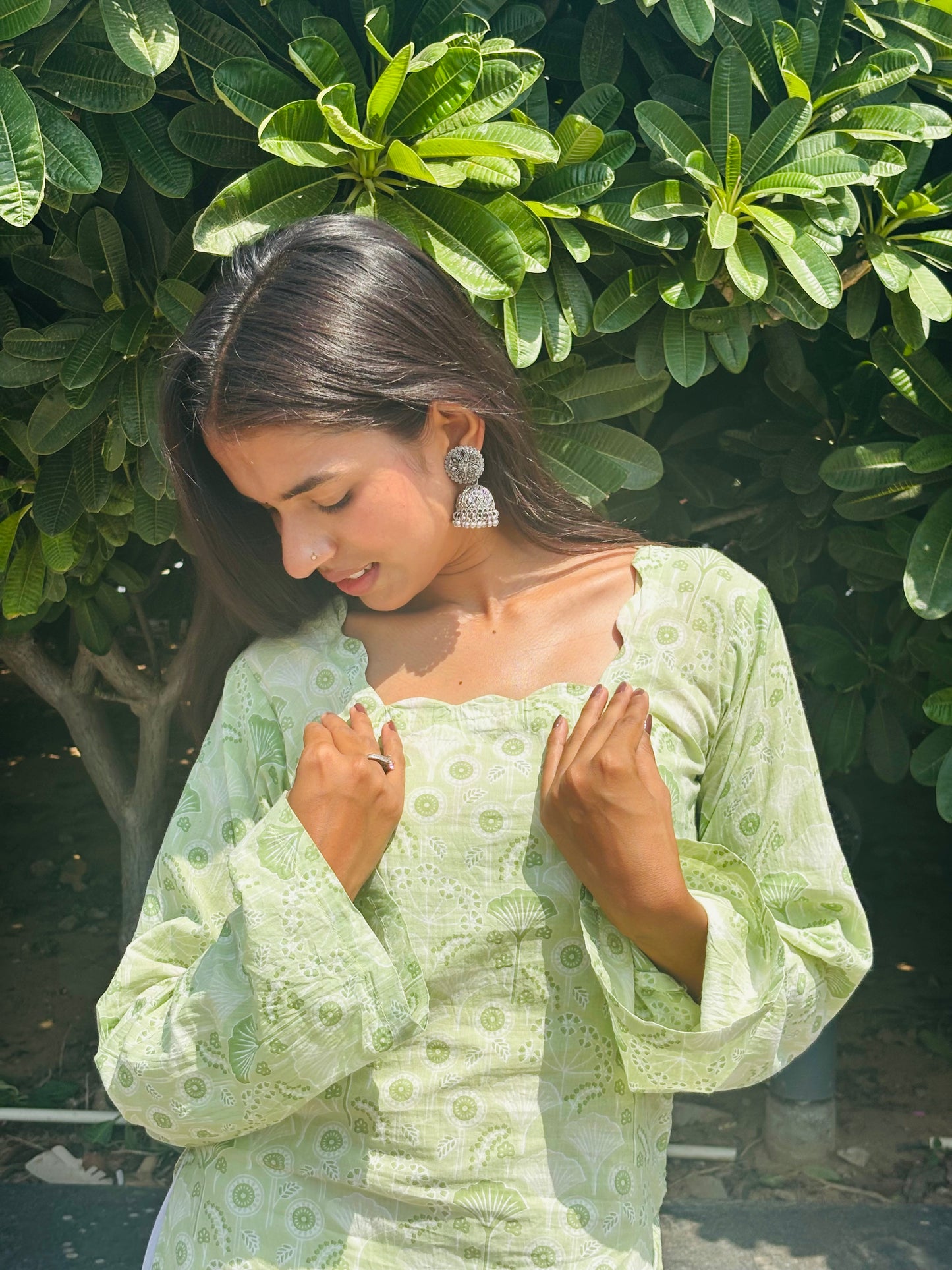 Nishaan Vrinda Short Kurti Pastel Green Scalloped Square Neck Long Sleeve