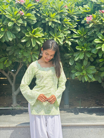 Nishaan Vrinda Short Kurti Pastel Green Scalloped Square Neck Long Sleeve